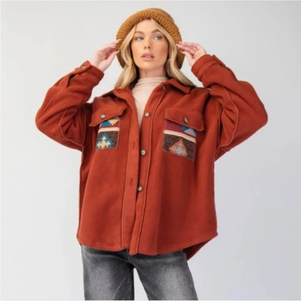 Easel Rust Button Fleece Shacket - Picture 2 of 8